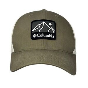 Columbia Mens Snapback Trucker Hat Olive Green White Mesh Logo Outdoor